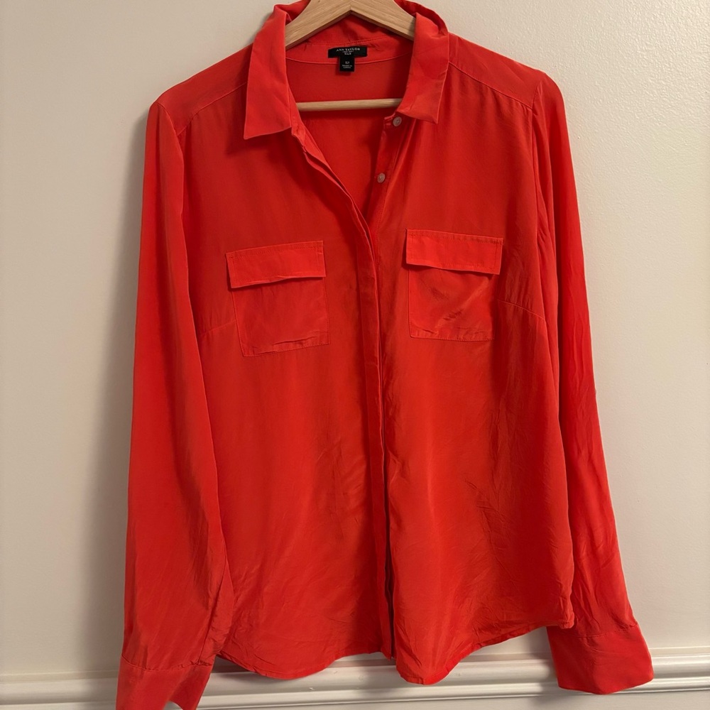 Ann Taylor Women's Bright Orange Silk Button-Down Shirt